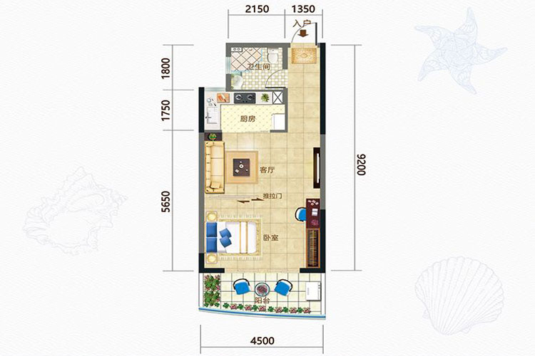 波溪丽亚湾55平一房一厅户型图