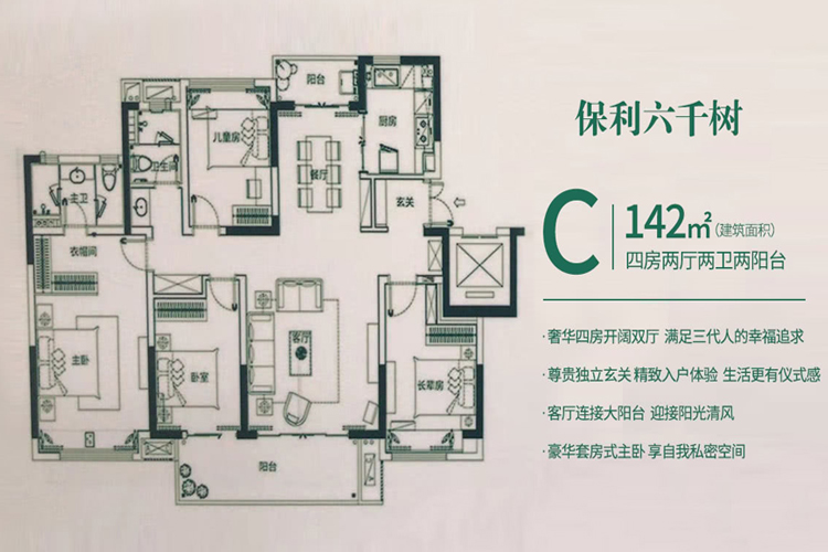 C户型 建面约142平 四房两厅