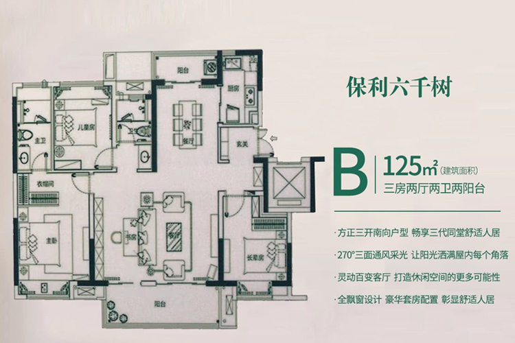 B户型 建面约125平 三房两厅