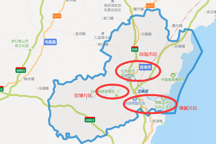 琼海三大板块：嘉积镇(市区)、博鳌镇、官塘镇