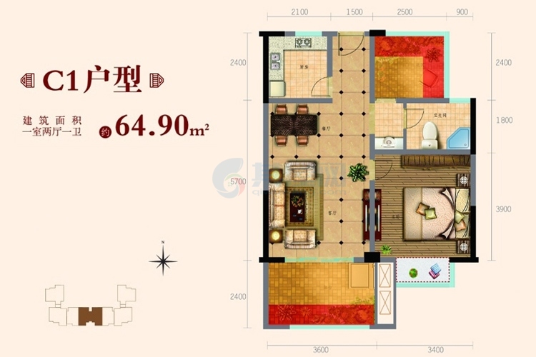 C1户型图-1室2厅--建筑面积64.90㎡