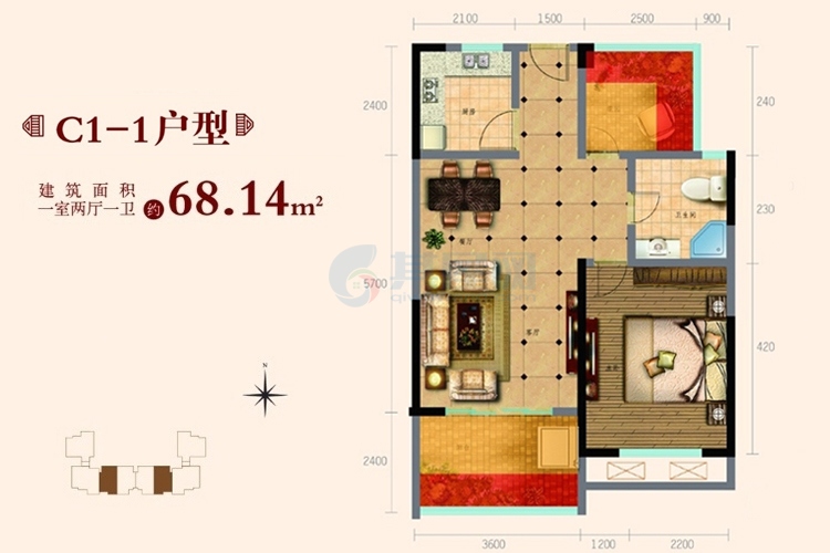 C1-1户型图 1室2厅--建筑面积68.14㎡