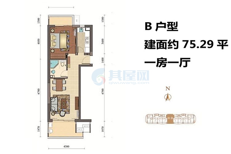 B户型-建面约75.29平-一房一厅