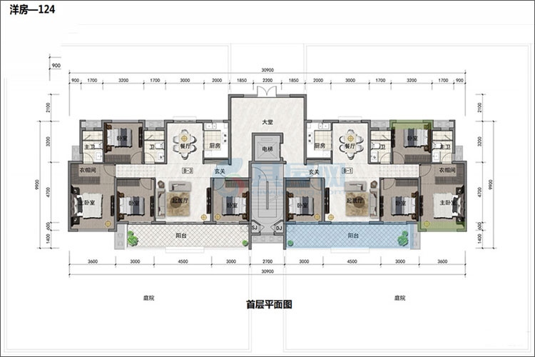 洋房首层户型-建面约124㎡-4房2厅1厨2卫