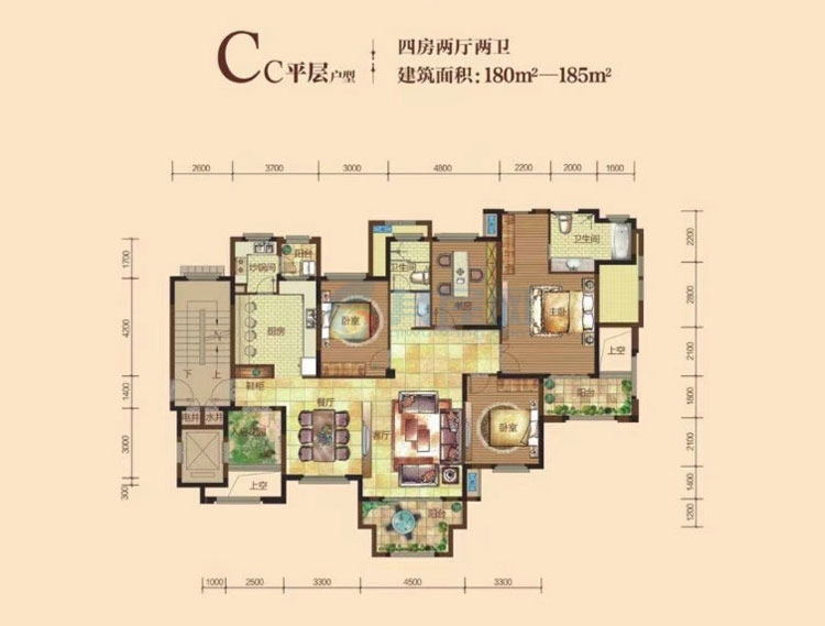 Cc户型-建面约180-185㎡-四房两厅两卫一厨