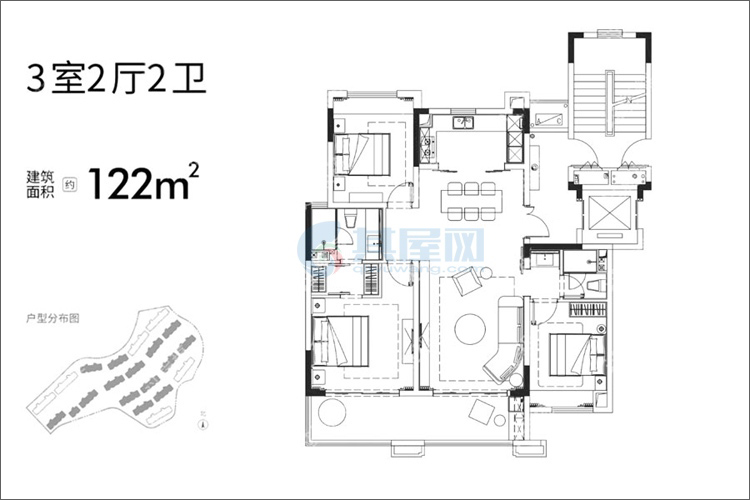 隐山【A户型】：3室2厅2卫，(建面约)122㎡