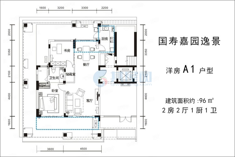 洋房A1户型-建面约96平-两房两厅