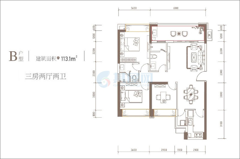 B户型图-建面约113.1㎡-三房两厅两卫