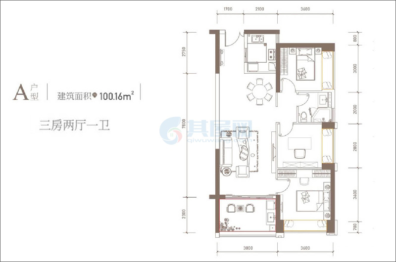 A户型图-建面约100.16㎡-三房两厅一卫