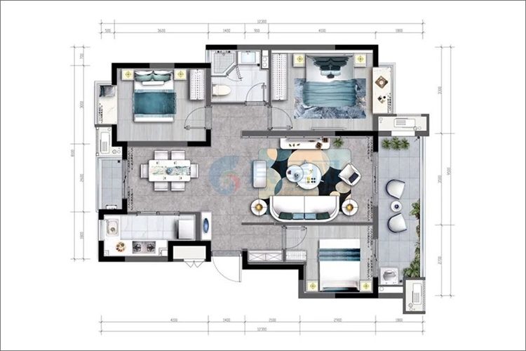 A户型-建面约106㎡-3房2厅1厨1卫