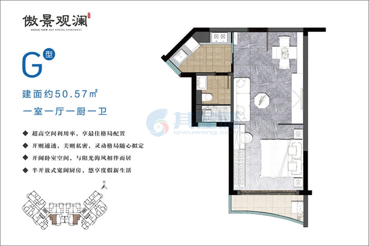 G户型-建面约50.57㎡-1室1厅1卫