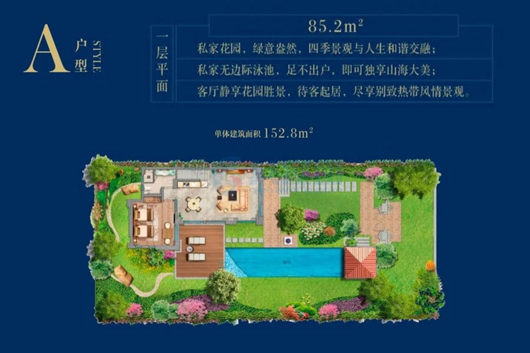 别墅A户型-建面约85.2㎡-2房2厅1厨2卫（一层平面）