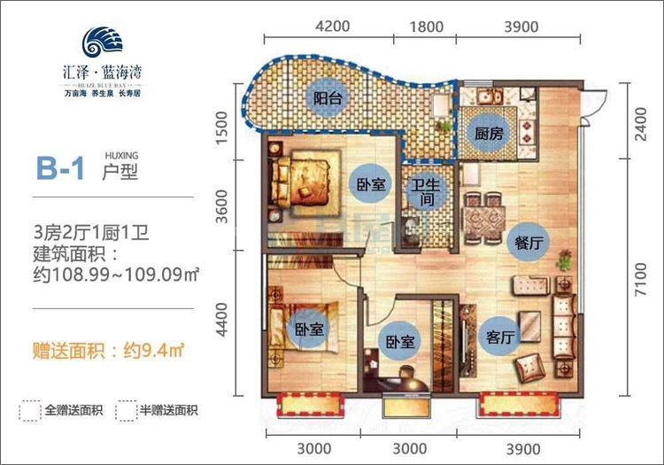 B-1户型-建面约108.99-109.09㎡-三房两厅一厨一卫