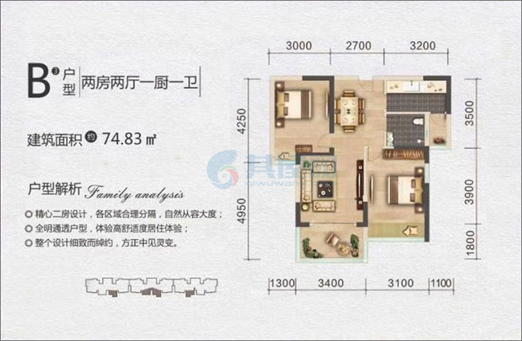 B3户型-两房两厅一厨一卫-建面74.83㎡