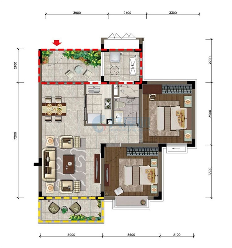 M2/L2户型 建筑面积约：78-82㎡ 2室2厅1卫