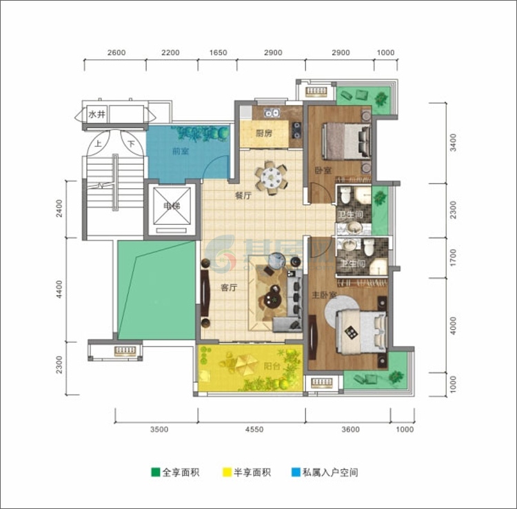 A户型-建面约106.05 ㎡-2室2厅2卫1厨（户型分布5#）