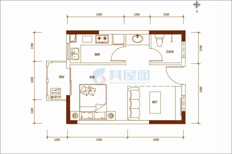 12/13#Y1户型图-建面约45.67 ㎡-1室1厅1卫1厨