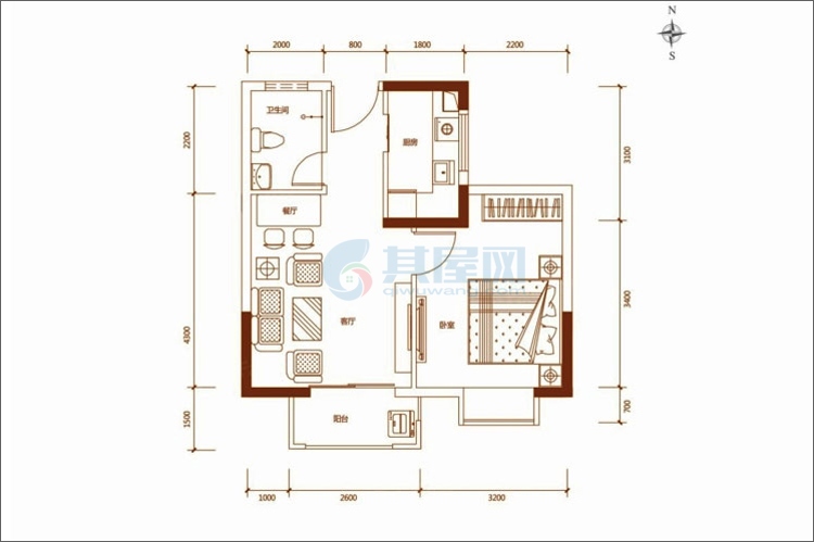 12#/13#A4户型图-建面约56.25 ㎡-1室2厅1卫1厨