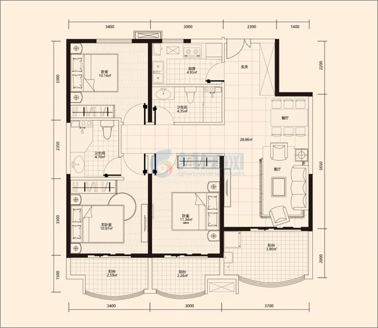 G1户型-建面约118.23㎡-三房两厅一厨两卫（24#楼）