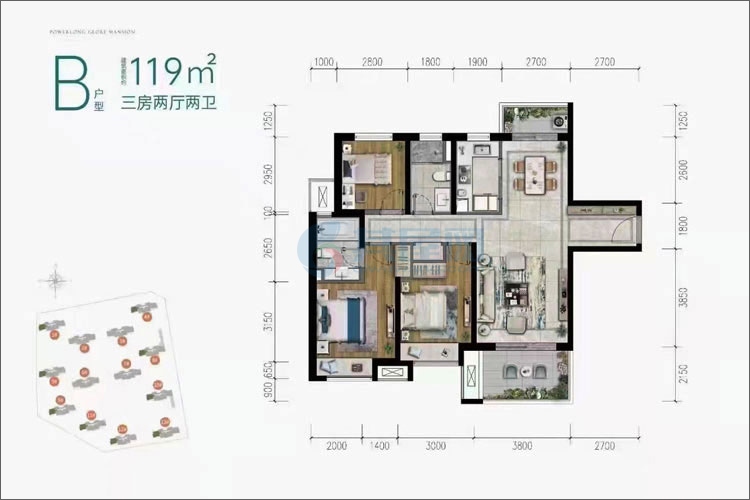 B户型-建面约119㎡-3房2厅1厨2卫