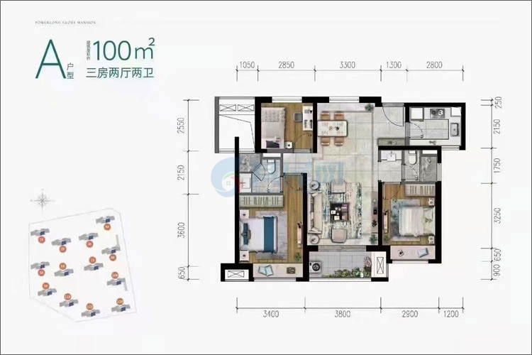 A户型-建面约100㎡-3房2厅1厨2卫