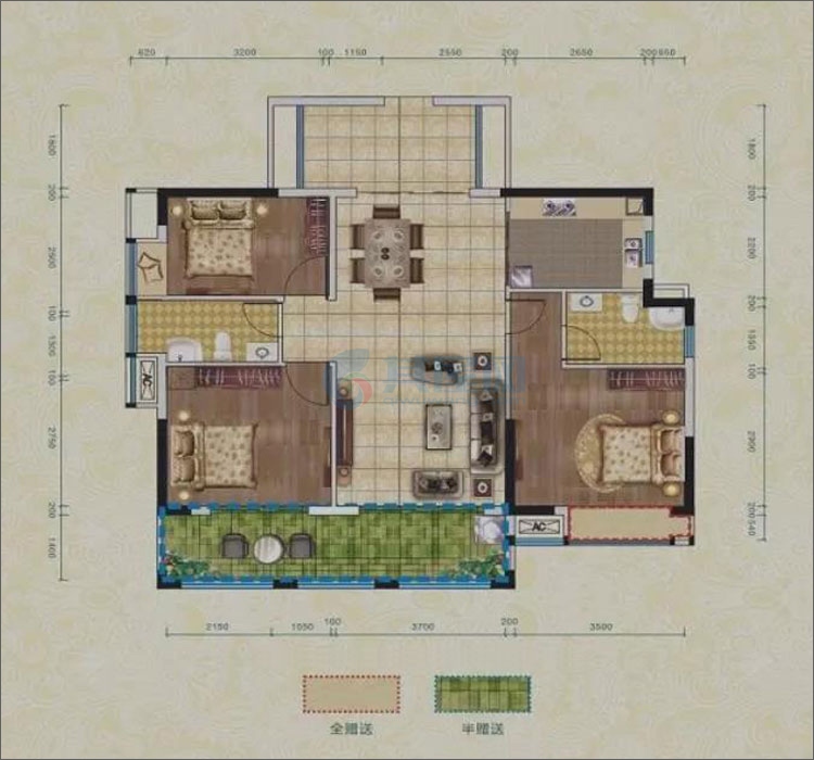 E户型-建面约103㎡-三房两厅两卫