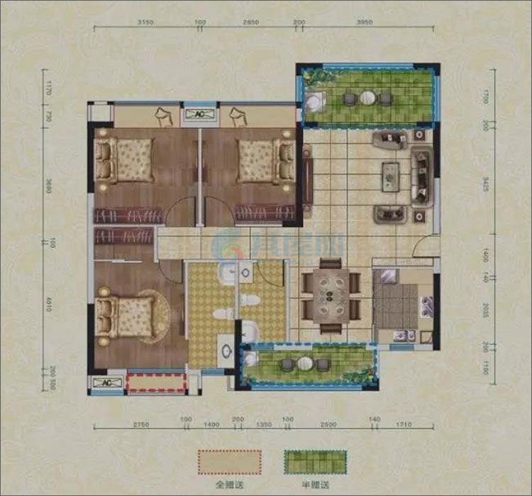 D户型-建面约107㎡-三房两厅两卫