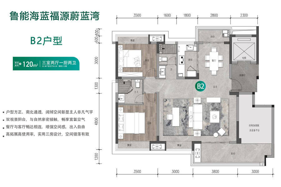 　　B2户型建面120平米三房两厅一厨两卫(南北朝向)