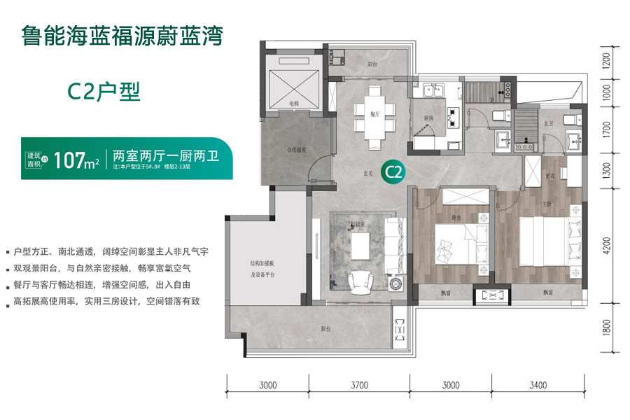 C2户型建面107平米2+1房两厅一厨两卫(南北朝向)