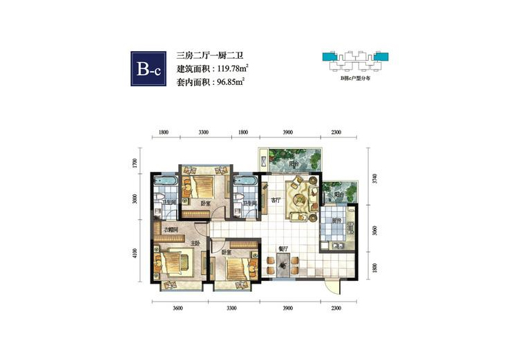 置地·御海公馆Bc户型3室2厅2卫1厨-119.78㎡