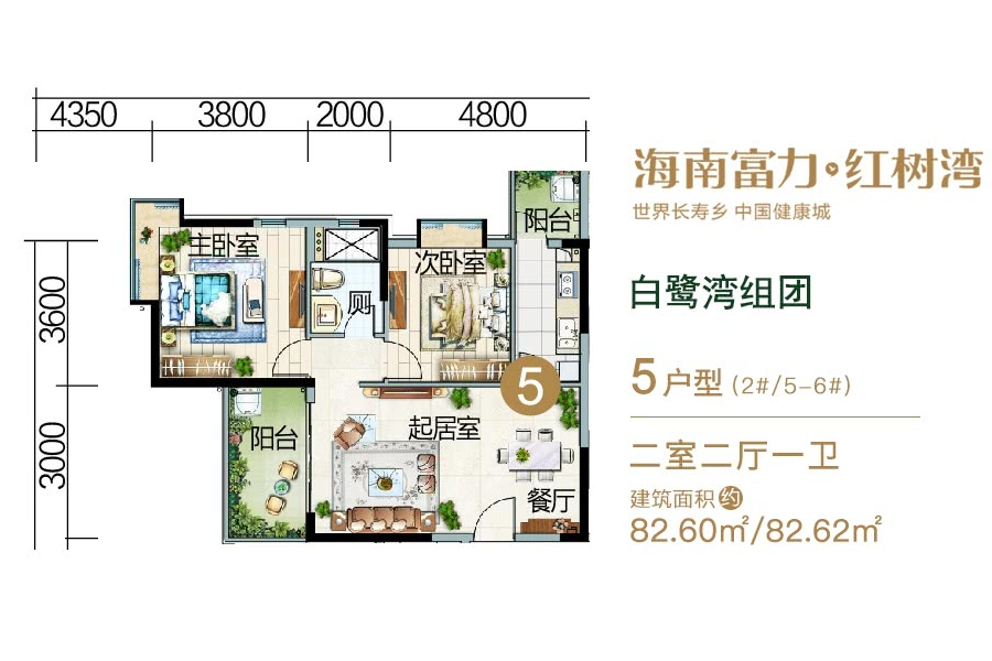 白鹭湾组团-5户型-建面约82.60平-两房两厅