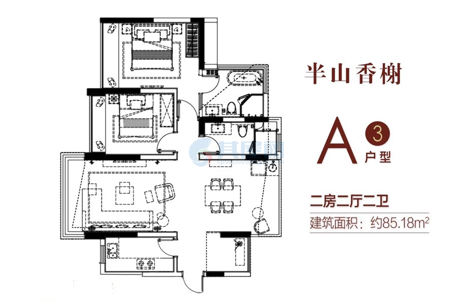 A3户型约85.18平米（建筑面积）二房二厅