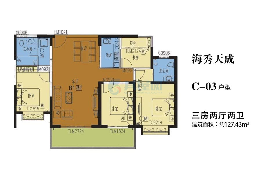 C-03户型-建面约127.43平-三房两厅两卫