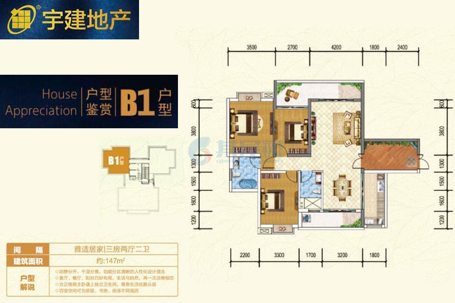 B1户型约147平米（建筑面积）三房两厅