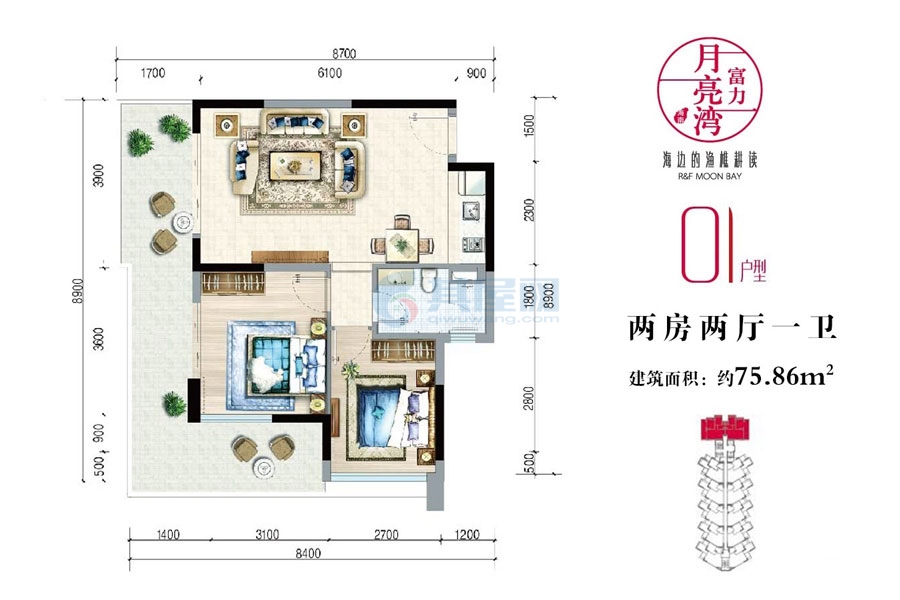 01户型约75.86平米（建筑面积）两房两厅