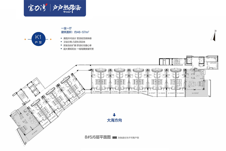 8#平面图1室1厅(建筑面积)-约46-57㎡